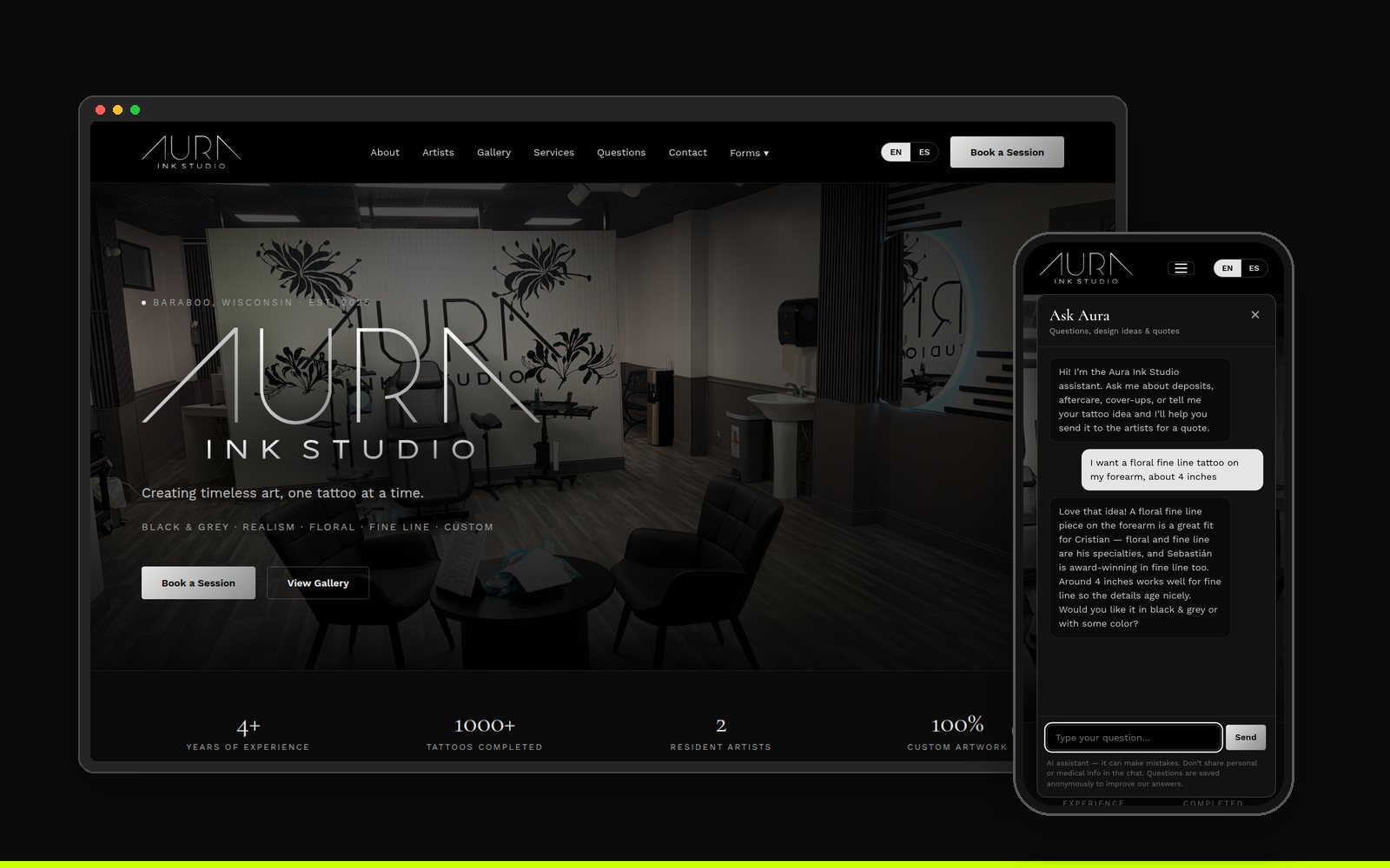 Aura Ink Studio website and AI assistant on laptop and phone