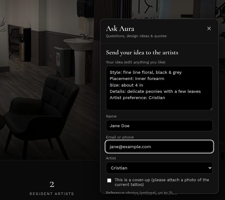 Quote request form inside the chat with an AI-written summary