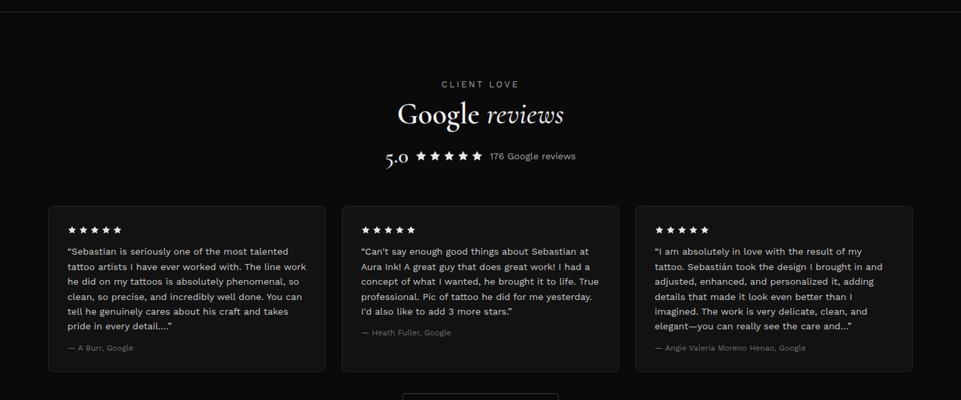 Live Google reviews section on the Aura Ink Studio website